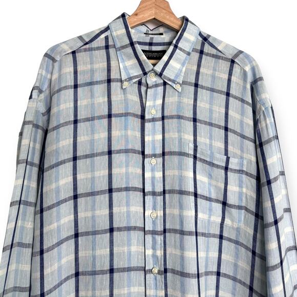 Hathaway Platinum 100% Linen Made In Italy Plaid Button Up Long Sleeve Men's XXL - Picture 3 of 10